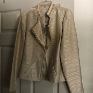 Chico’s size 1 Moto jacket, ecru color. chain link detail around collar.